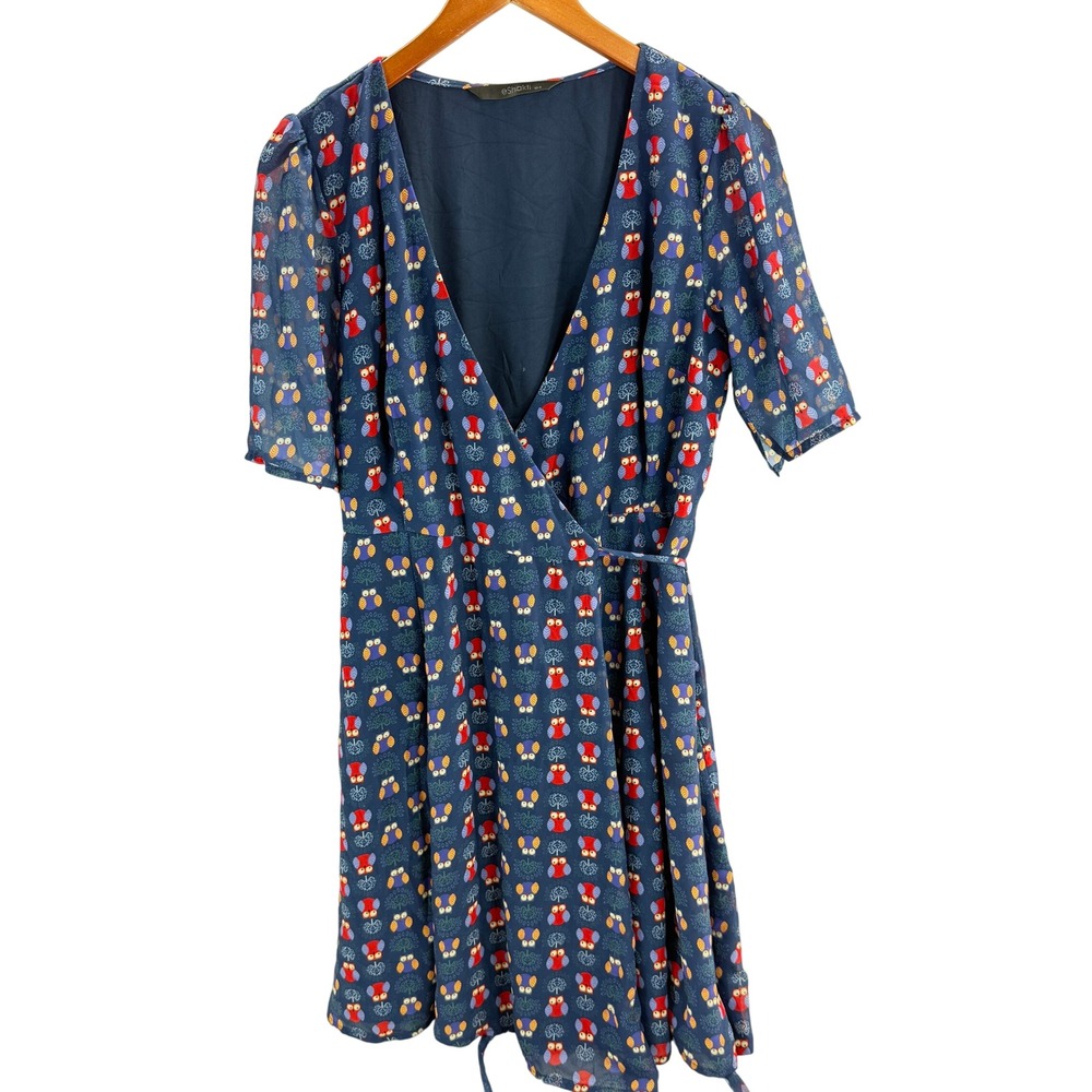Eshakti Medium Owl Print Wrap Dress V-Neck Knee Length Boho Made in India Chic